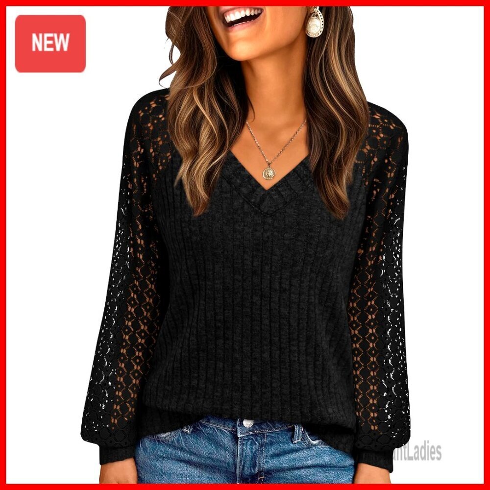 Lace Long Sleeve Tunic Blouse V-Neck Lightweight Polyester Rayon Spandex